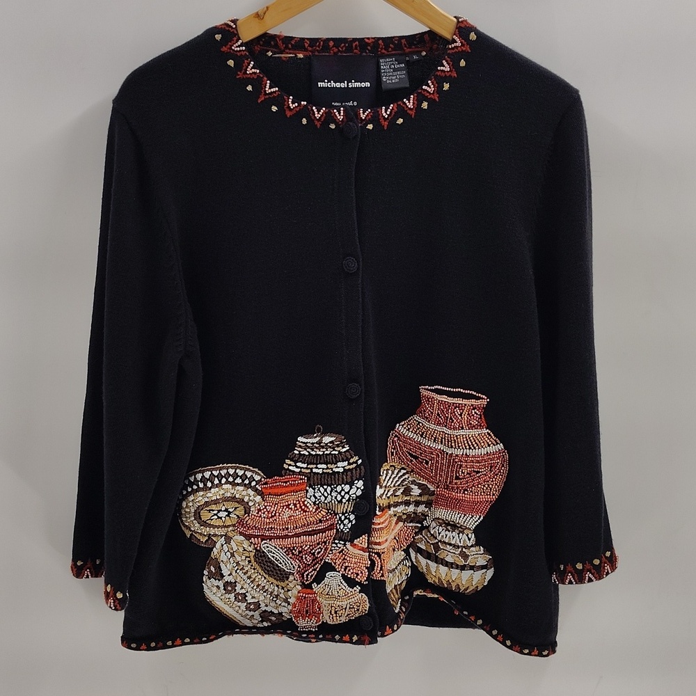 Michael Simon Beaded Cardigan Size XL Black 3/4 Sleeve Pottery Theme Vintage